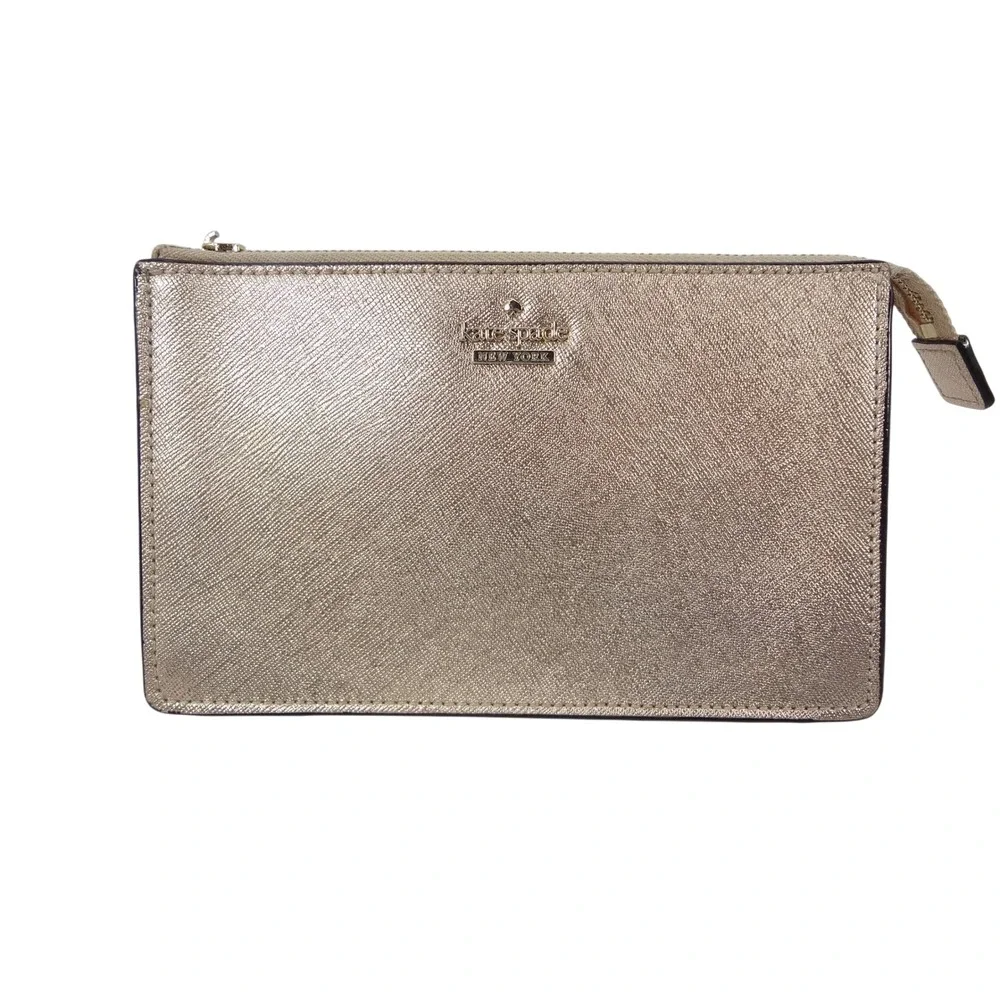 Kate Spade Spencer Rose Gold Metallic Saffiano Leather‎ Zip Pouch Clutch Bag